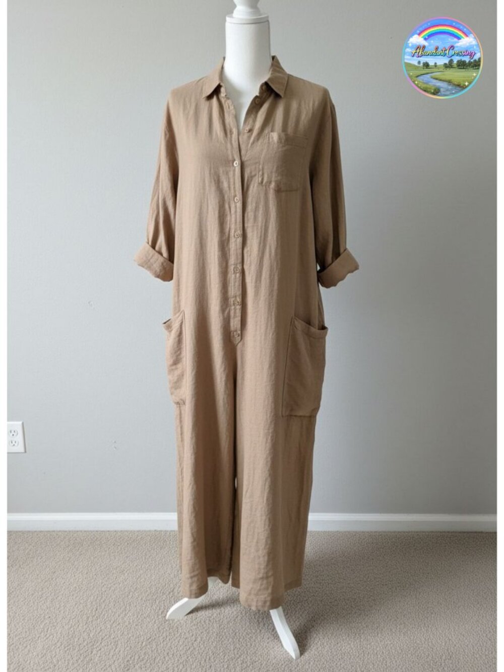 Linen Blend Button Down Wide Leg Jumpsuit Long Sleeve One Piece Palazzo